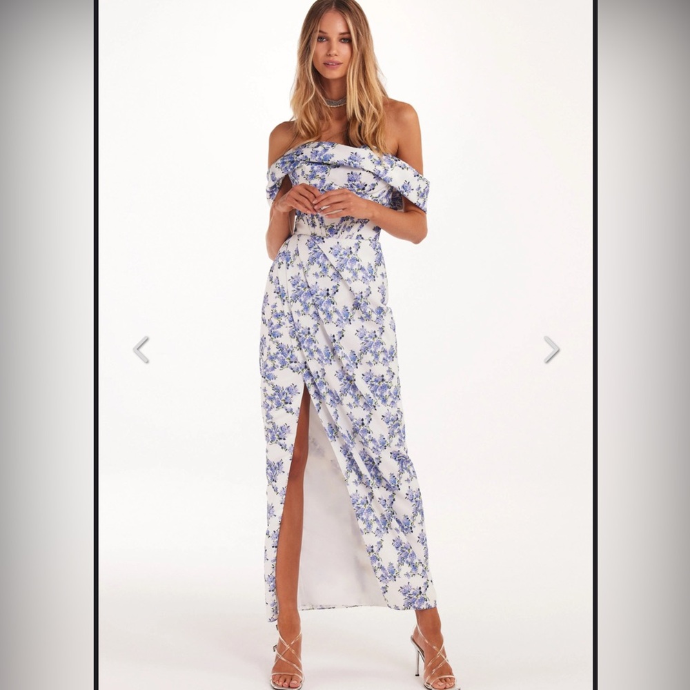Milla Blue Hydrangea off-shoulder satin dress